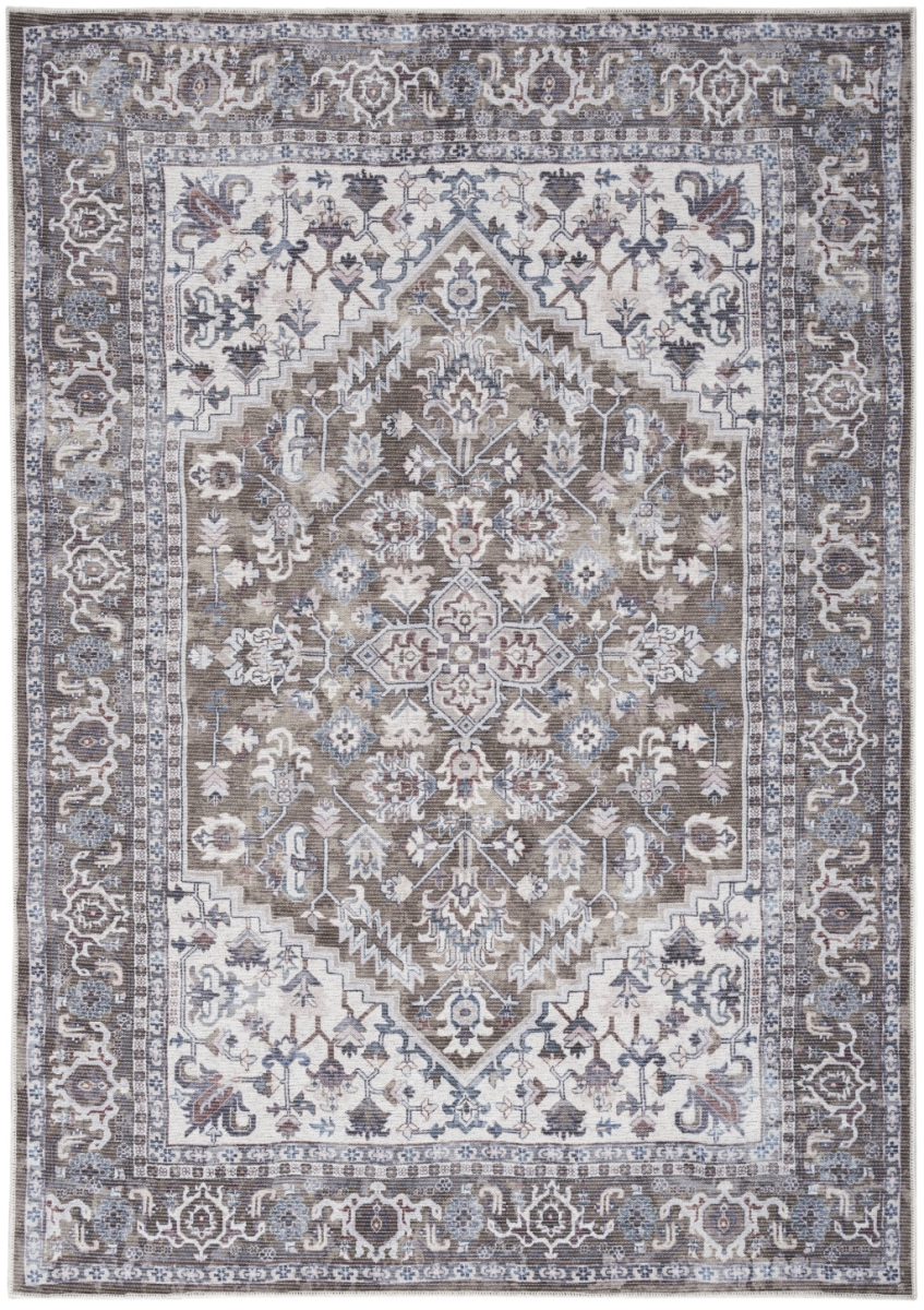 6 x 9 ft. Floral Distressed Washable Area Rug, Gray Ivory & Blue