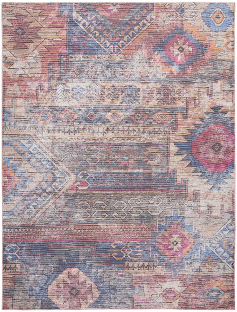 9 x 12 ft. Geometric Power Loom Distressed Washable Area Rug, Blue & Red