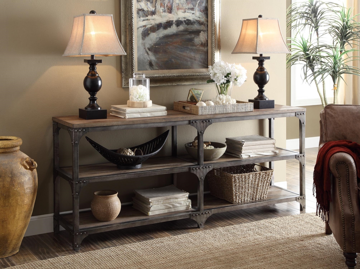 Picture of Home Roots Furniture 286024 30 x 72 x 16 in. Pine Veneer & MDF Console Table - Weathered Oak & Antique Silver