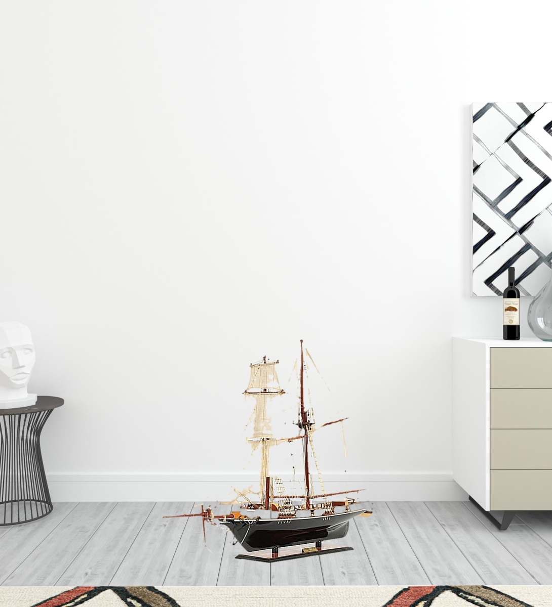 26 in. 1847 Harvey Hand Painted Decorative Boat, Black & White
