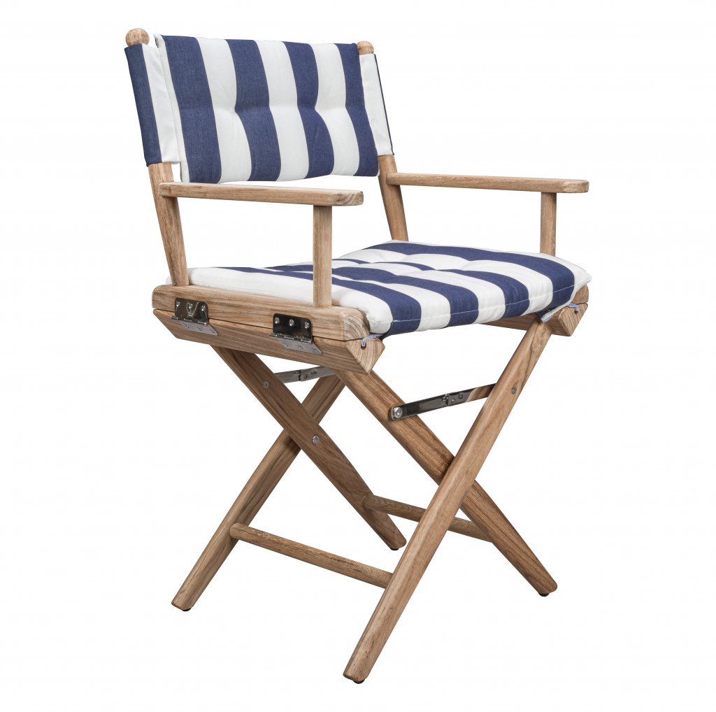 Solid Wood Director Chair with Blue & White Cushion, Blue, White & Brown