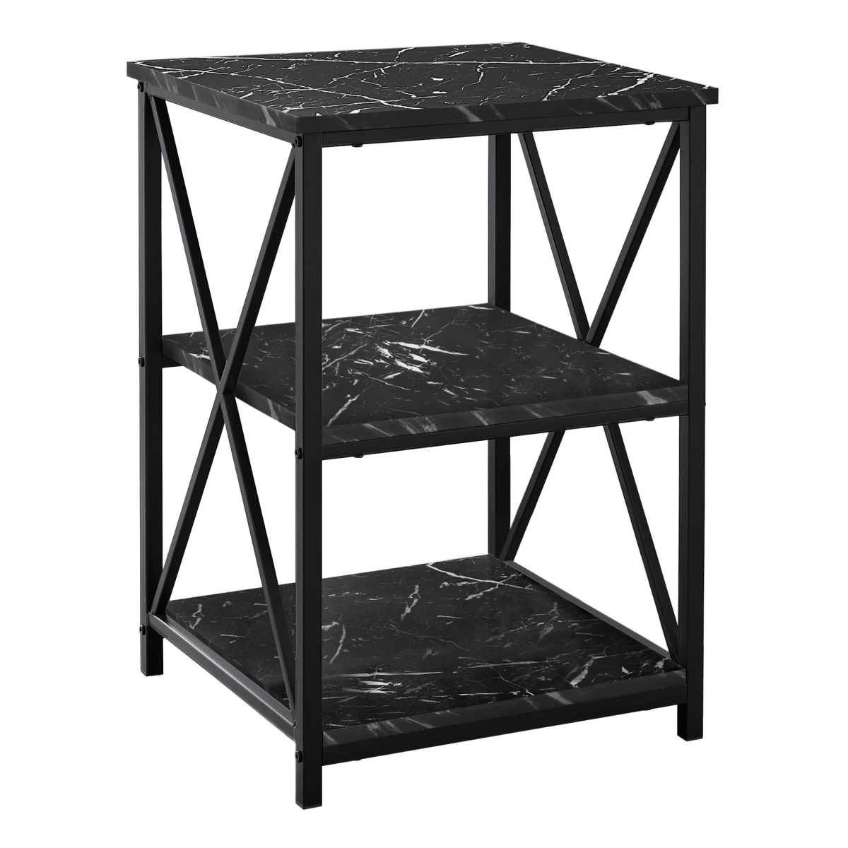 26 in. Faux Marble End Table with Two Shelves, Black