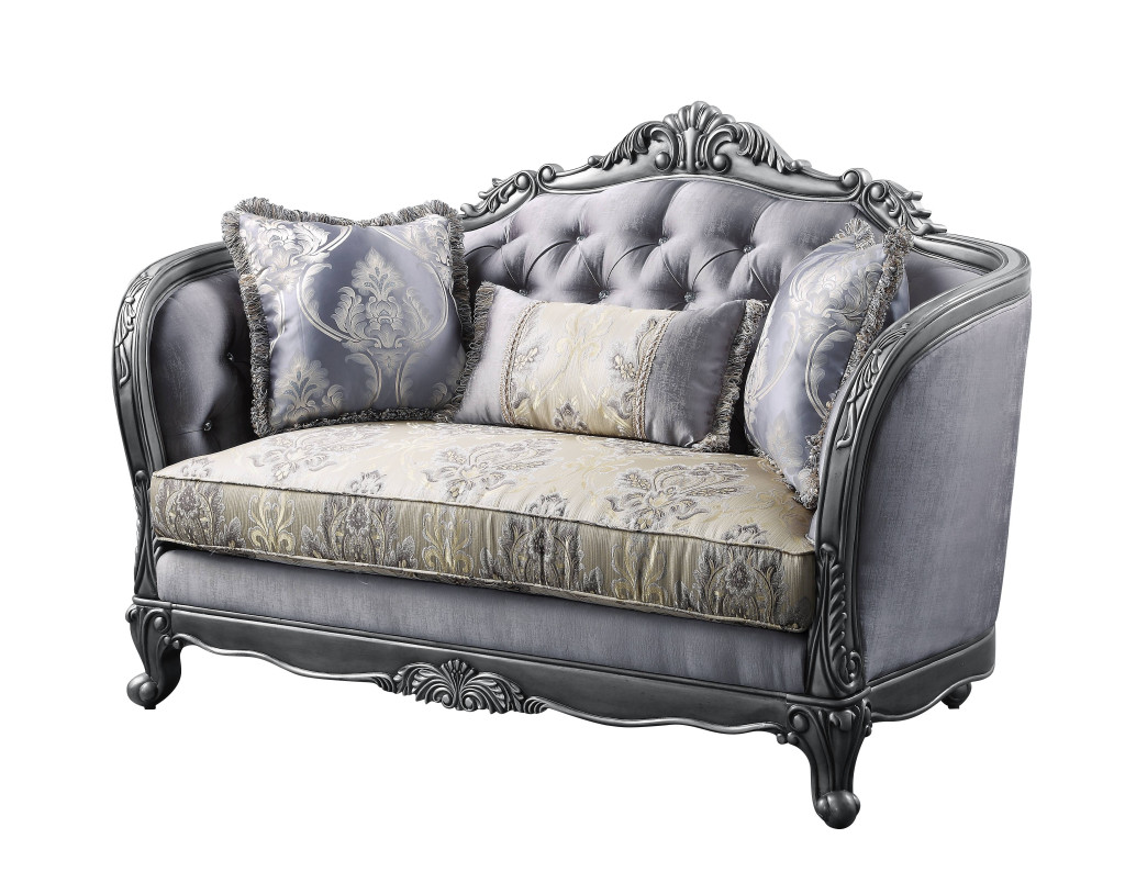 65 in. Silk Blend Love Seat & Toss Pillows, Gray, Silver Platinum