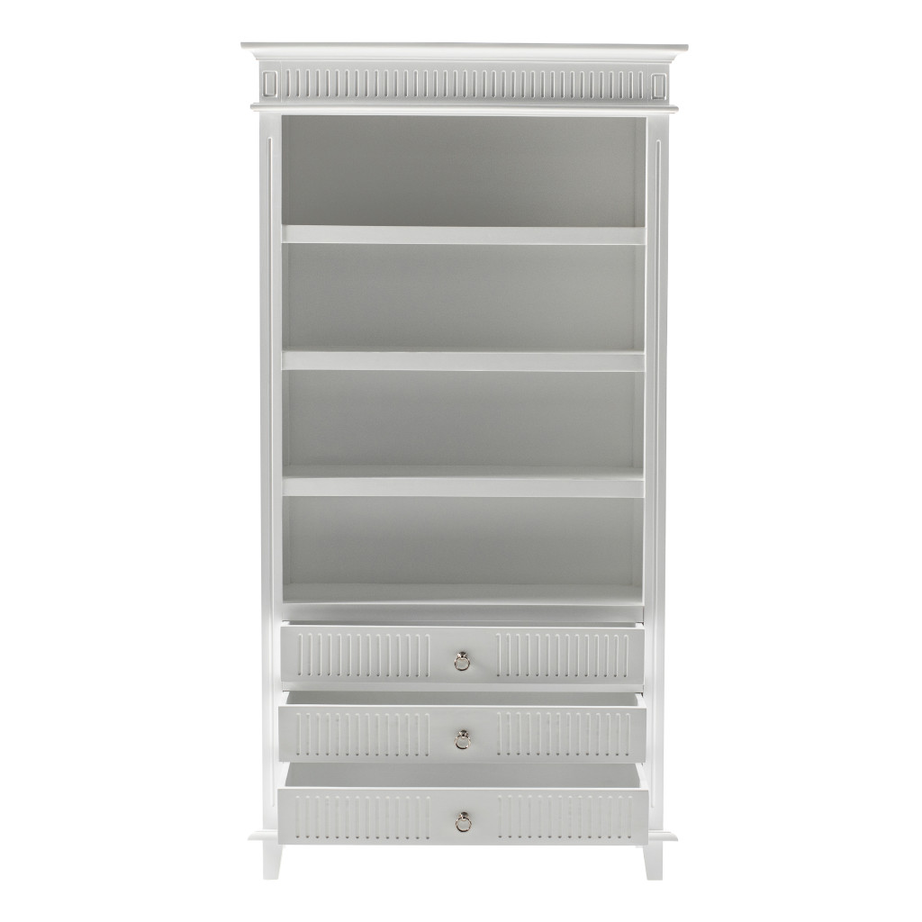 75 in. Solid Wood Four Tier Standard Bookcase with Three Drawers, Antiqued White