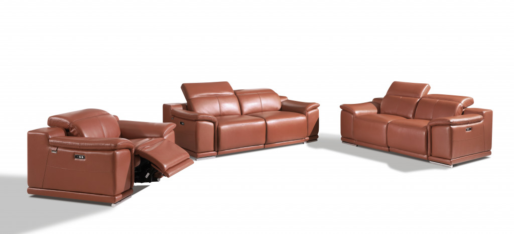 Italian Leather Six Person Seating Set Sofa, Camel - 3 Piece