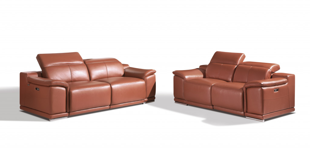 Italian Leather Five Person Seating Set Sofa, Camel - 2 Piece