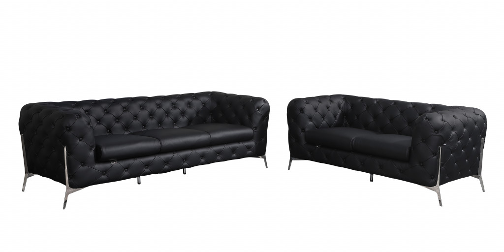 Italian Leather Five Person Seating Set Sofa, Black - 2 Piece