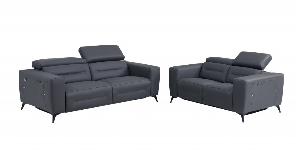 Italian Leather Five Person Seating Set Sofa, Dark Gray - 2 Piece