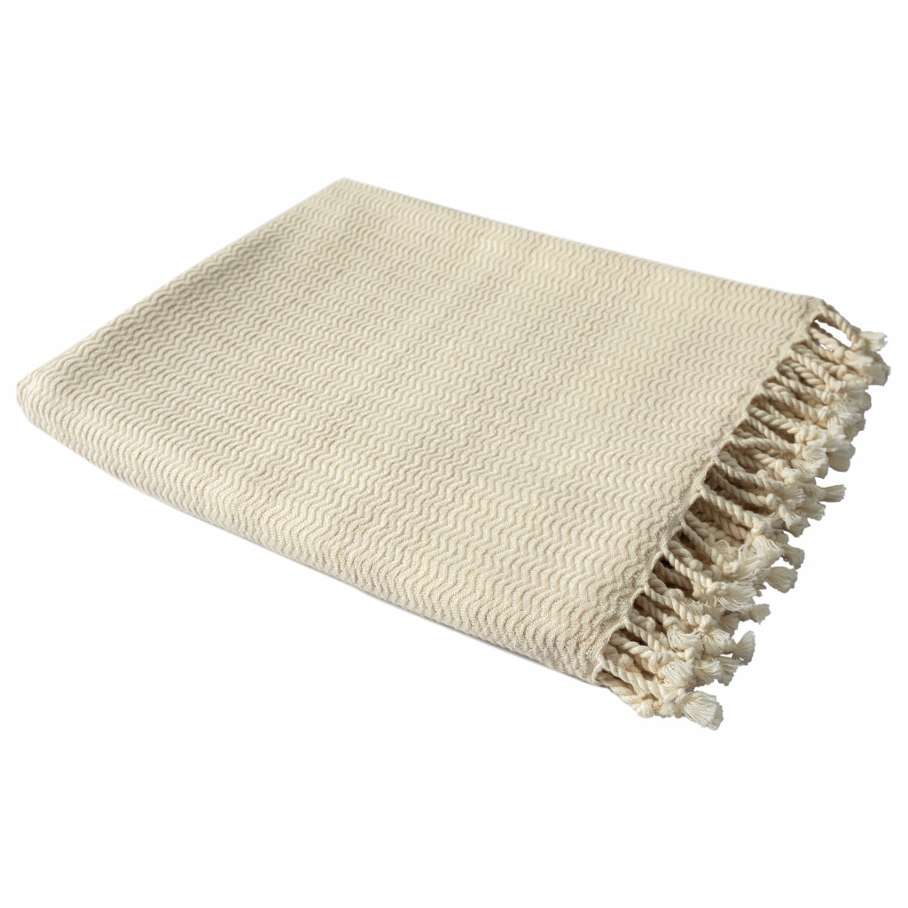 516510 Woven Cotton Striped Throw Blanket, Beige -  HomeRoots