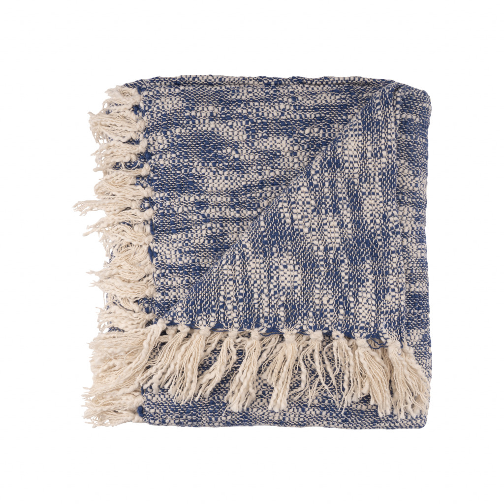 516537 Woven Cotton Solid Color Throw Blanket, Blue & White