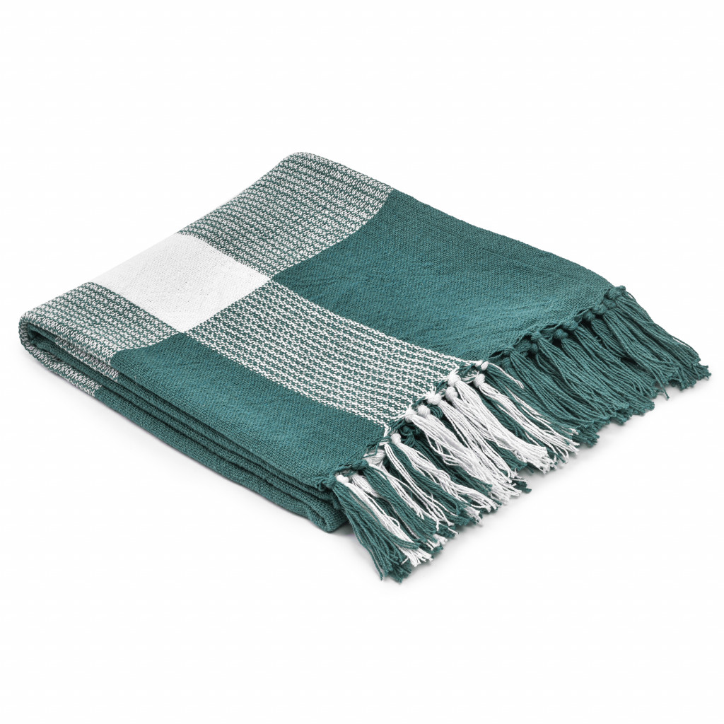 Woven Cotton Checkered Throw Blanket, Green