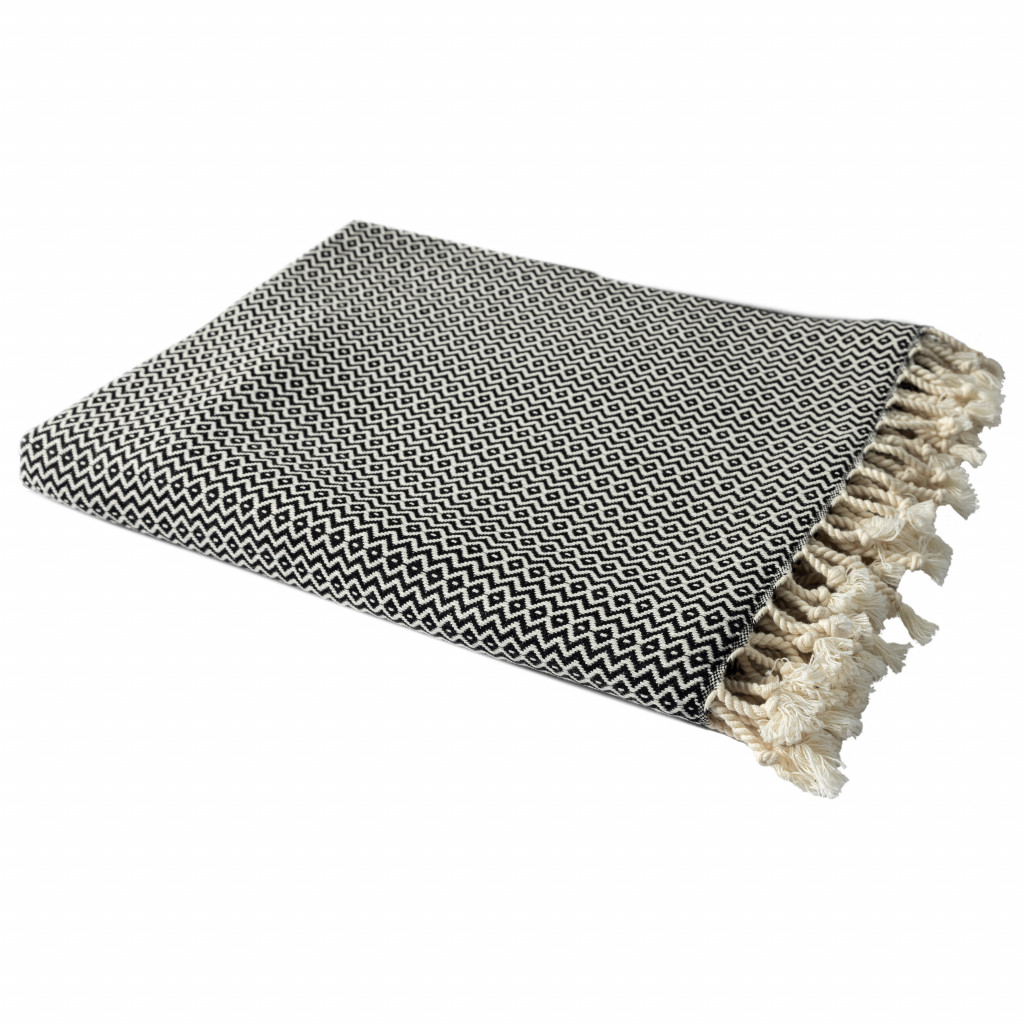 Woven Cotton Geometric Throw Blanket, Black & White