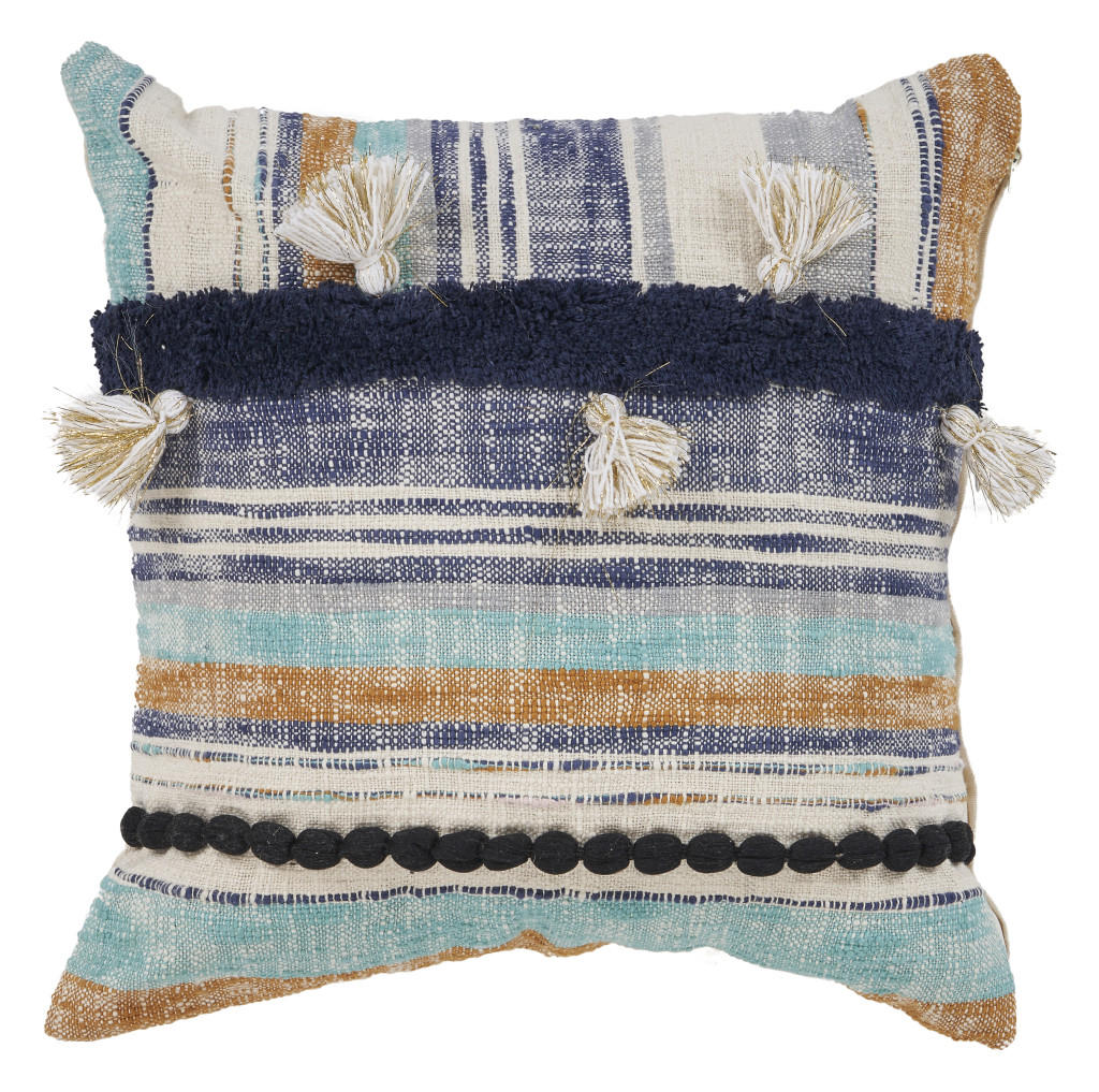 18 x 18 in. Patchwork Cotton Zippered Pillow with Tassels, Blue & Beige