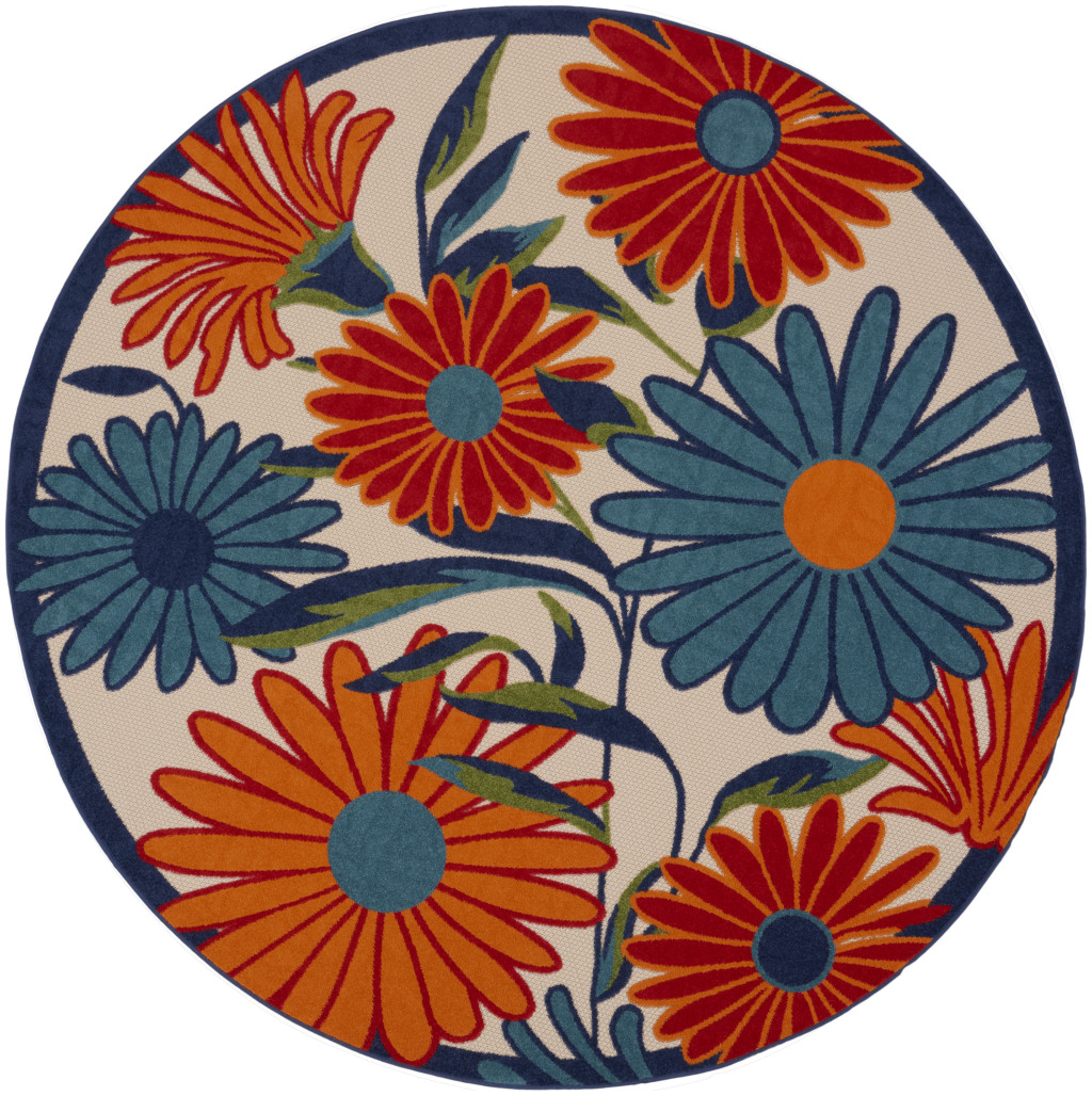 8 ft. Blue & Orange Floral Power Loomed Round Area Rug