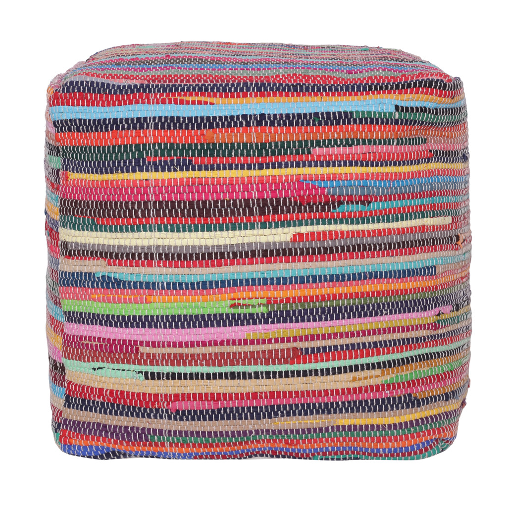 18 in. Red Cotton Cube Striped Pouf Ottoman