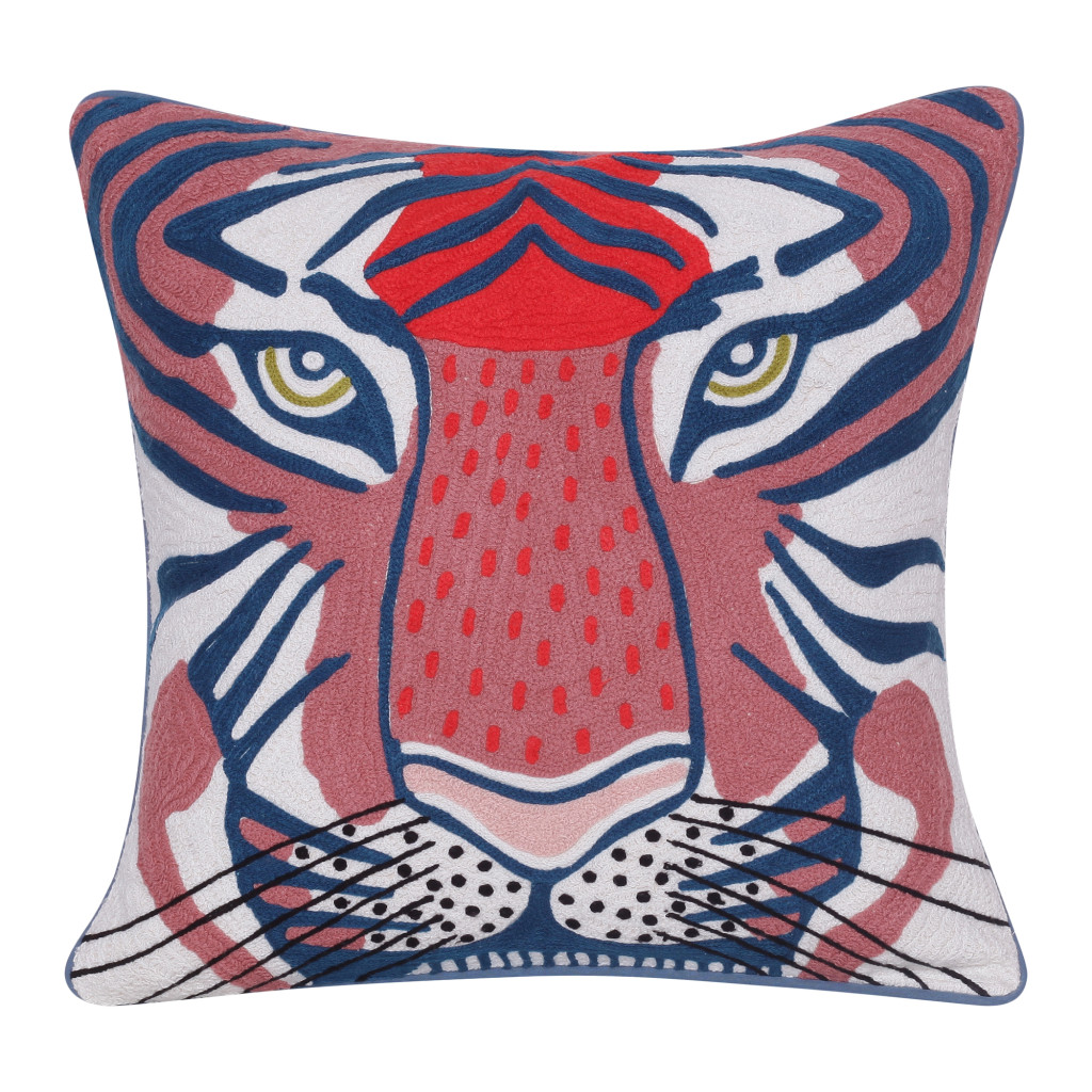 Picture of HomeRoots 534302 20 x 20 in. Blue & Red Cheetah Animal Print Cotton Zippered Pillow with Embroidery