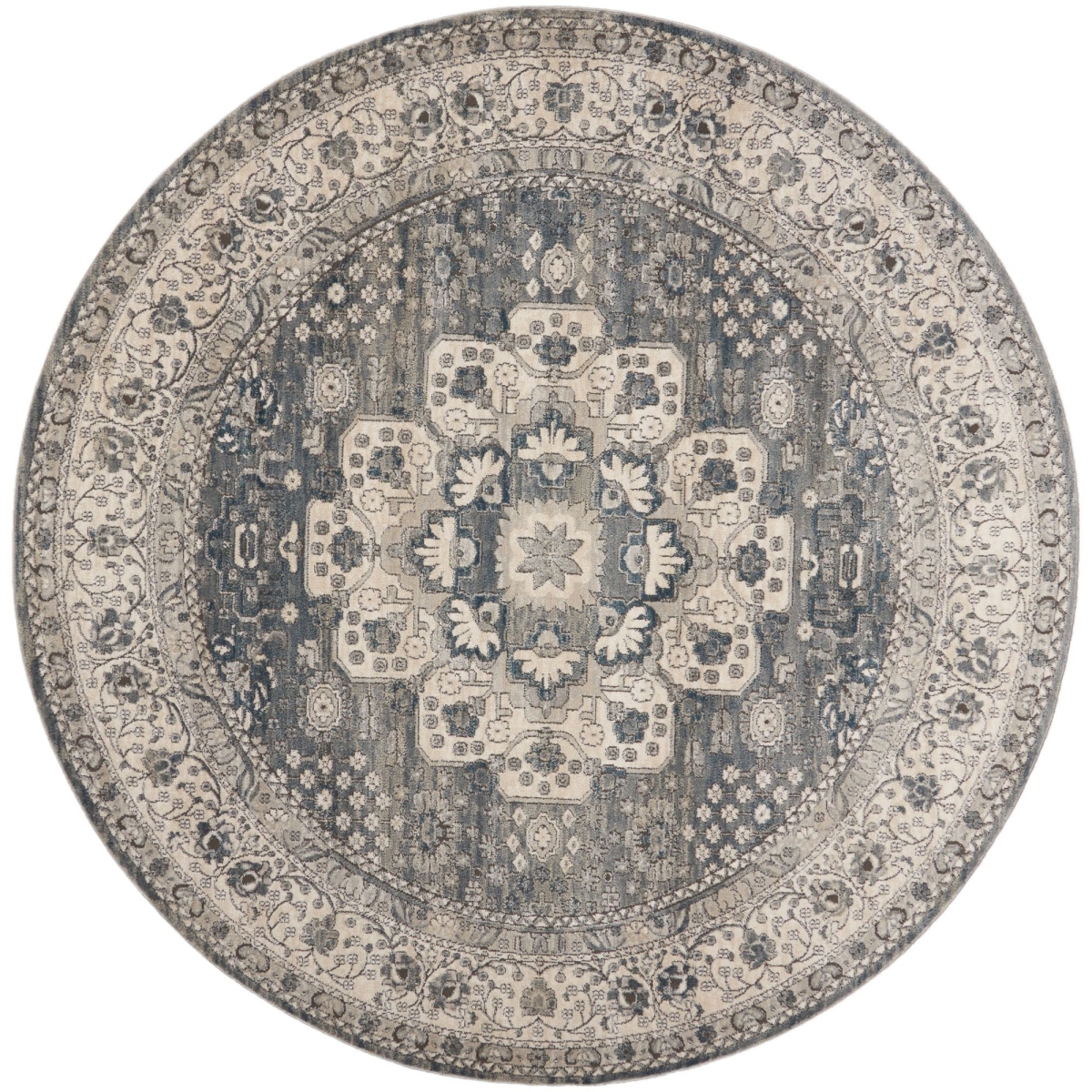 8 ft. Grey & Ivory Round Oriental Power Loomed Non Skid Area Rug