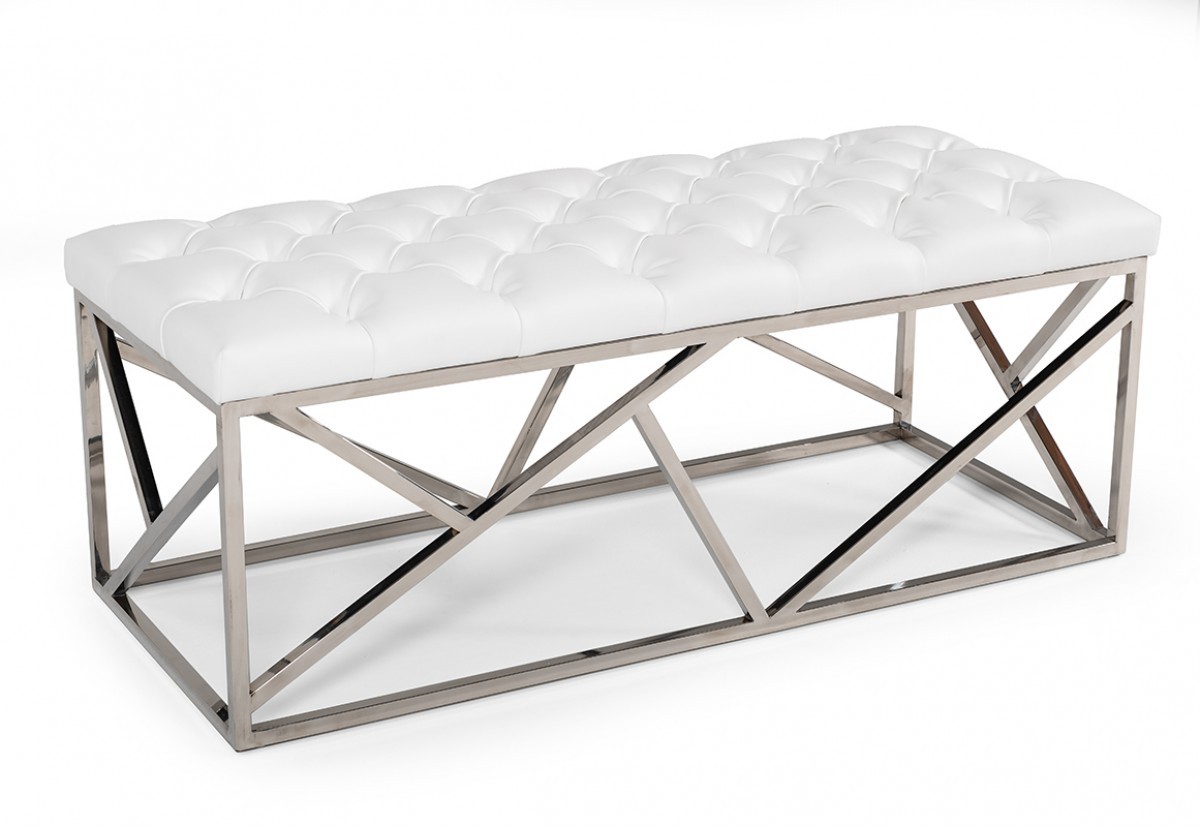 48 in. White & Silver Upholstered Faux Leather Bench