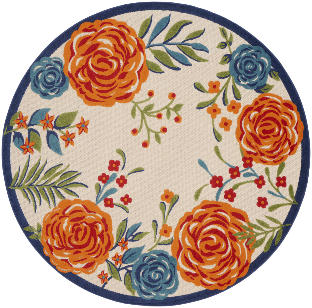 8 ft. Blue & Orange Round Floral Power Loomed Rectangle Area Rug