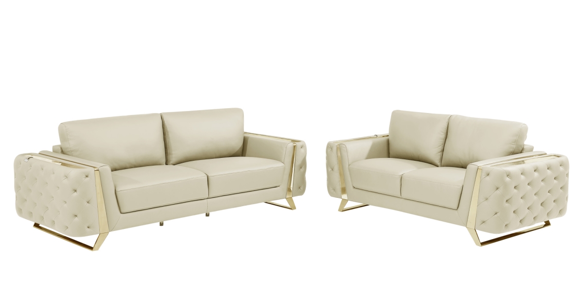Beige Genuine Leather Five Person Seating Set - 2 Piece