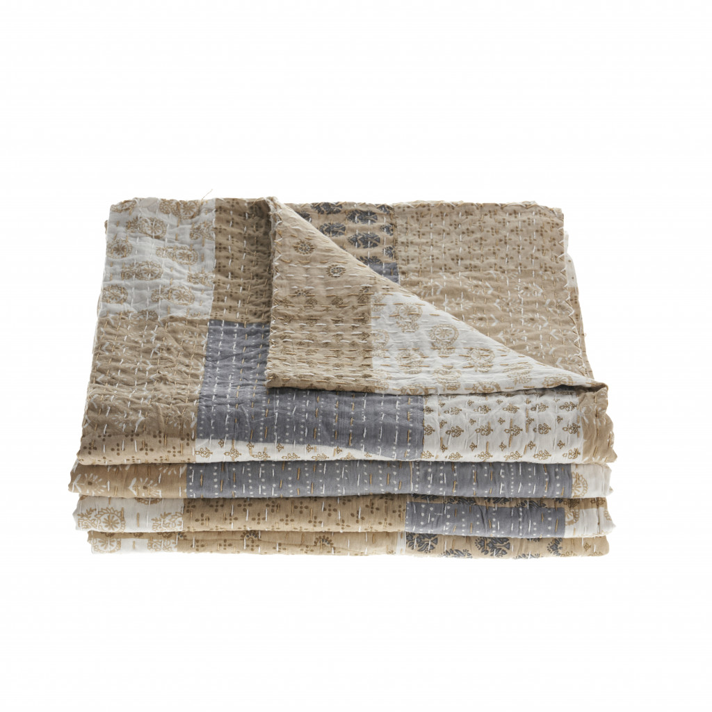 86 x 91 in. Knitted Cotton Geometric Throw, Cream