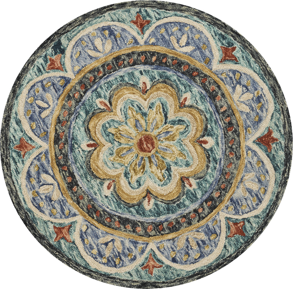 4 ft. Wool Floral Hand Tufted Round Rug, Blue