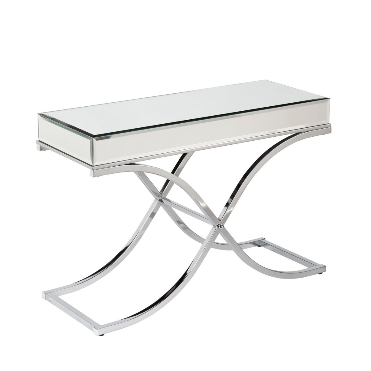 42 in. Mirrored Glass Cross Leg Console Table, Silver