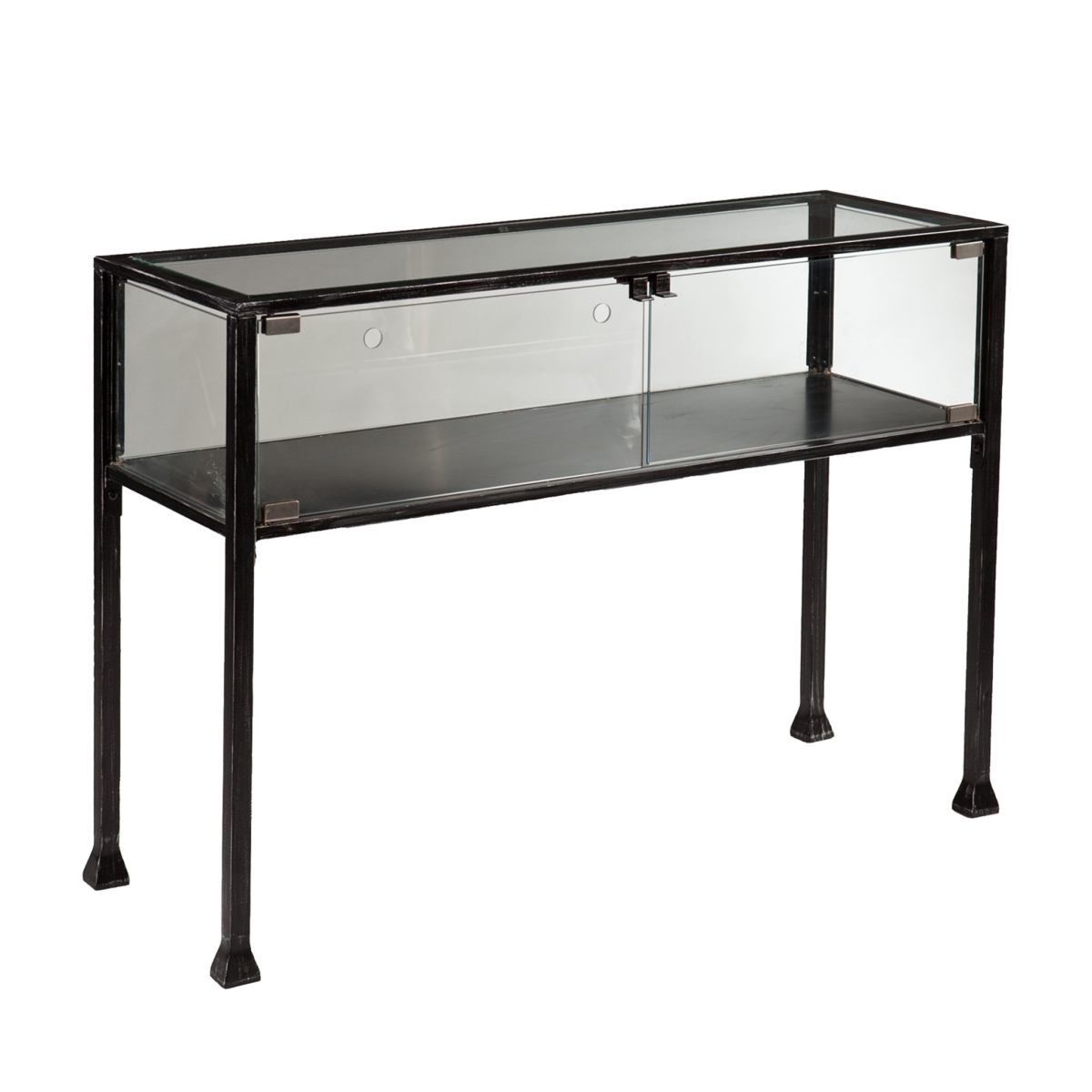 402396 43 in. Glass Distressed Console Table with Storage, Clear & Black