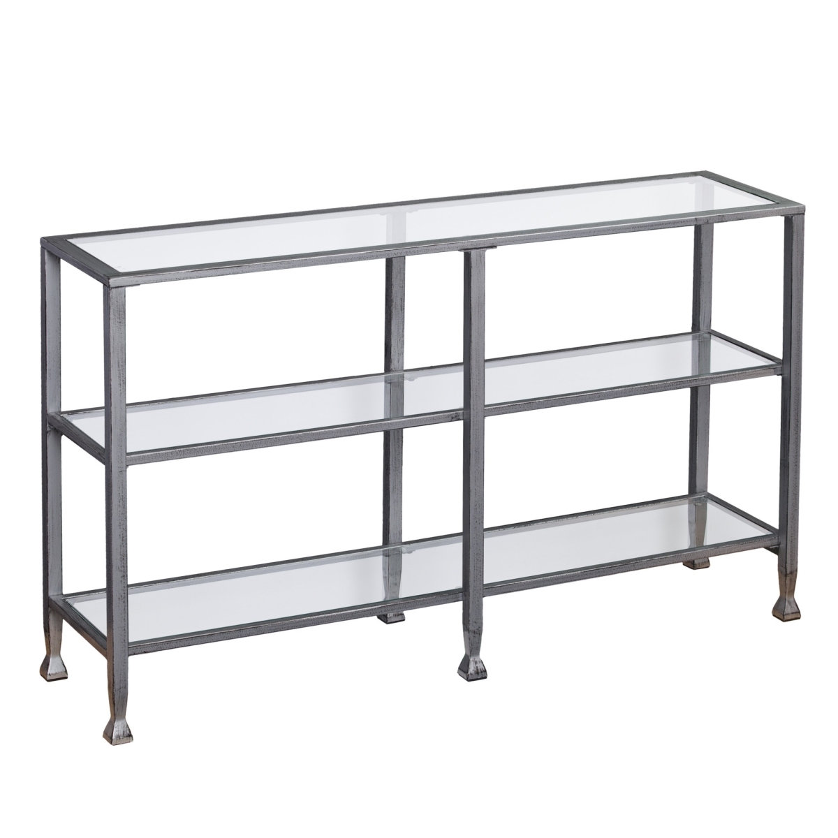 49 in. Glass Distressed Floor Shelf Console Table with Storage, Clear & Silver