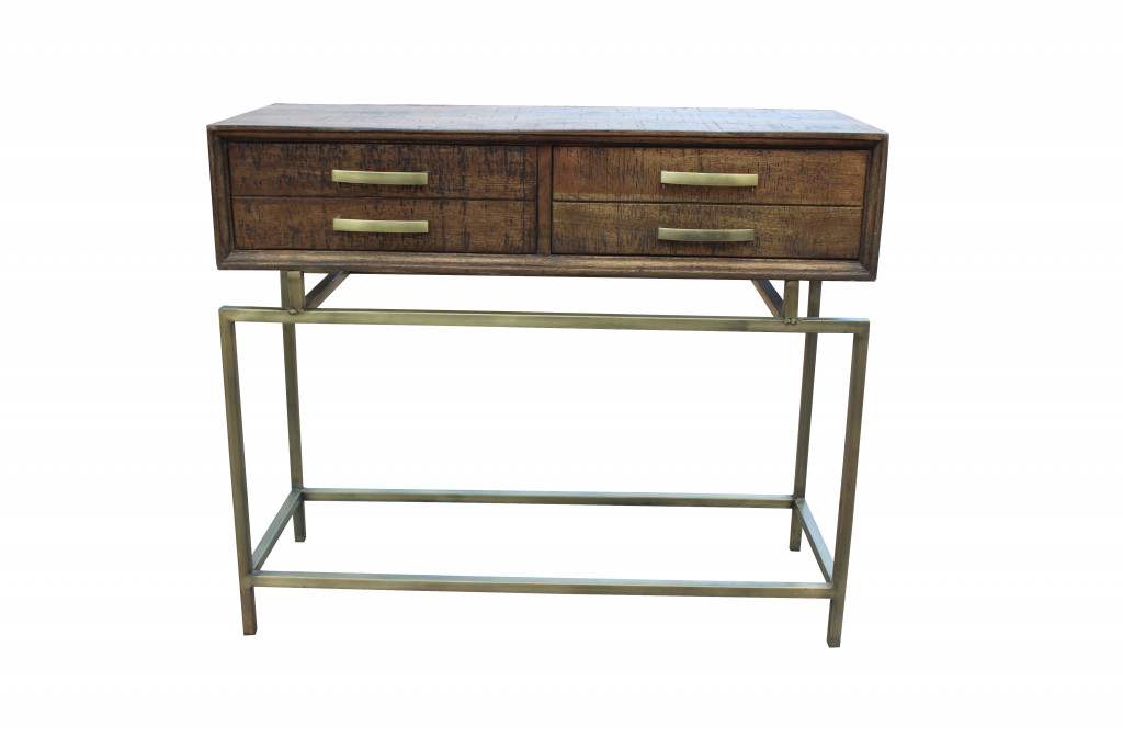 488798 36 in. Solid Wood Distressed Frame Console Table with Storage, Brown & Brass