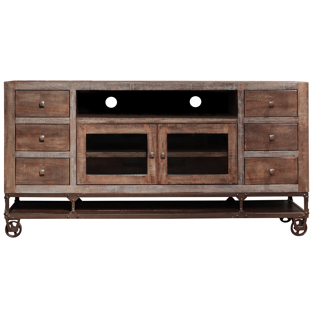 76 in. Solid Wood Cabinet Enclosed Storage Distressed TV Stand, Brown