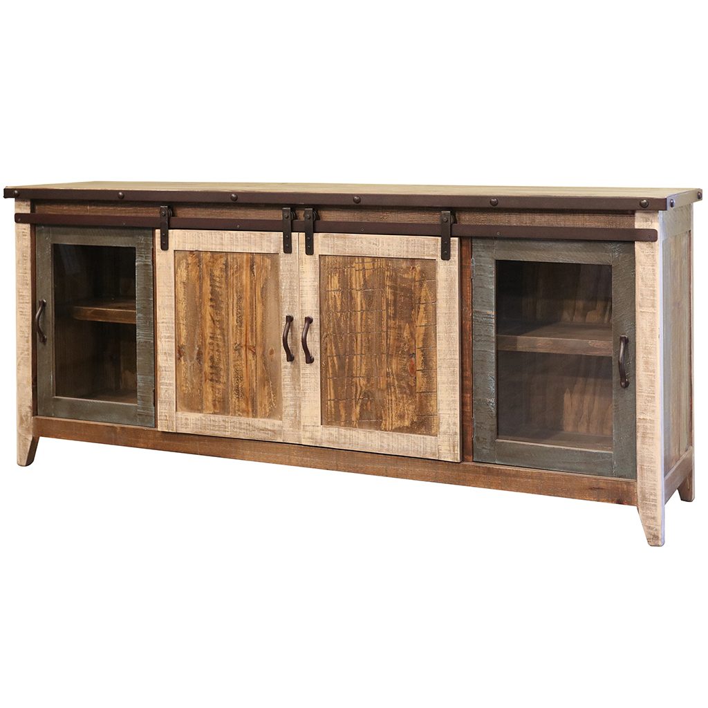 528733 79 in. Solid Wood Cabinet Enclosed Storage Distressed TV Stand, Brown