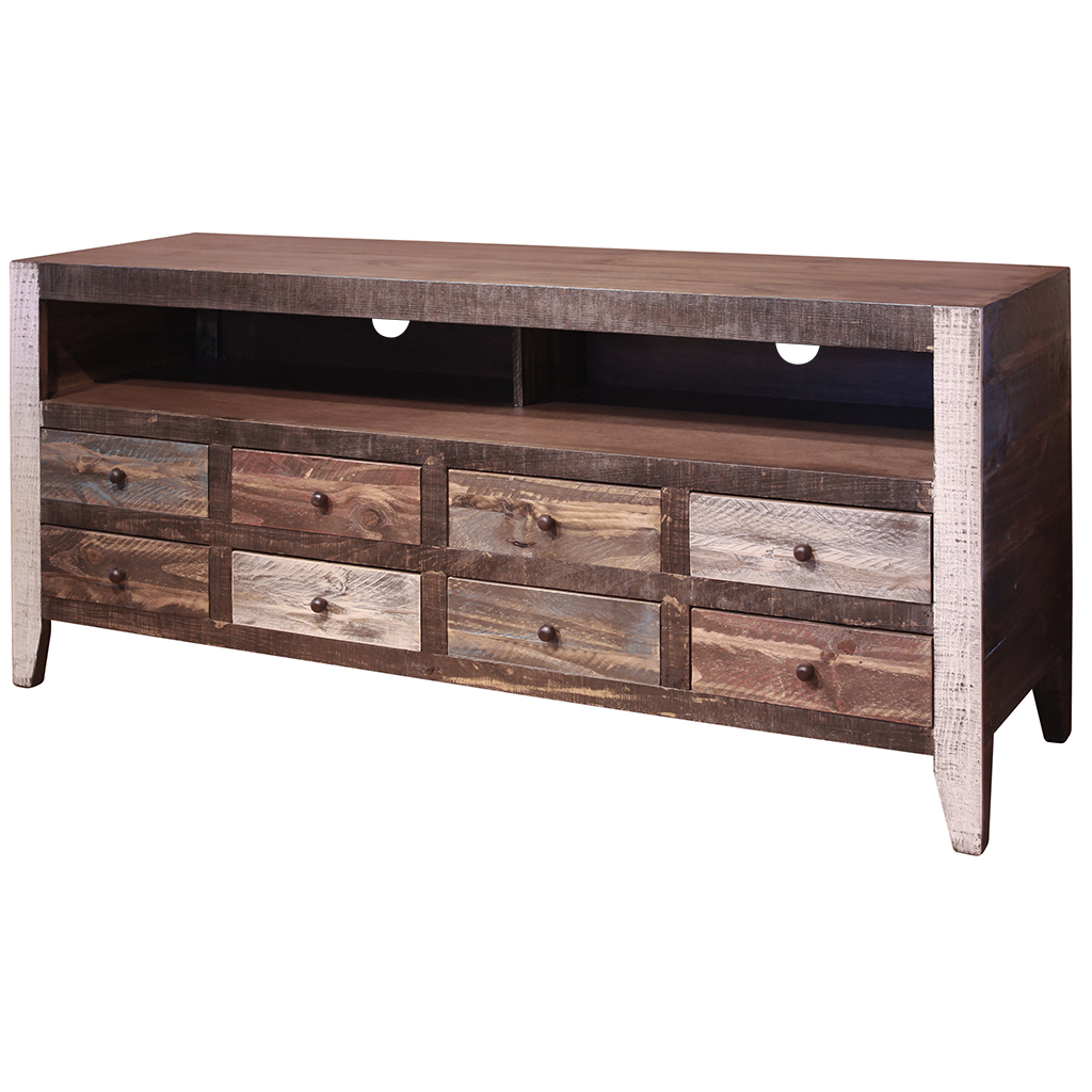 61 in. Solid Wood Cabinet Enclosed Storage Distressed TV Stand, Brown