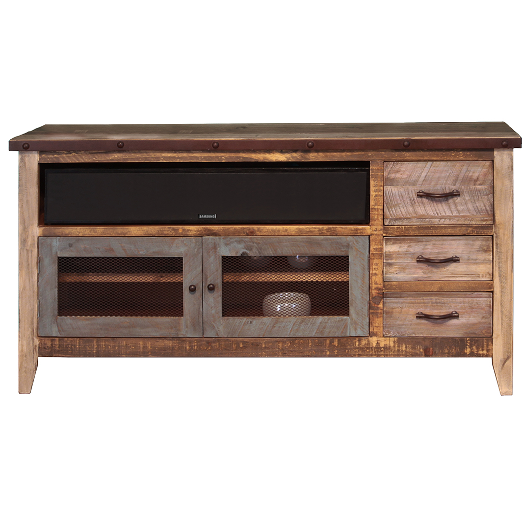 61 in. Solid Wood Cabinet Enclosed Storage Distressed TV Stand, Brown