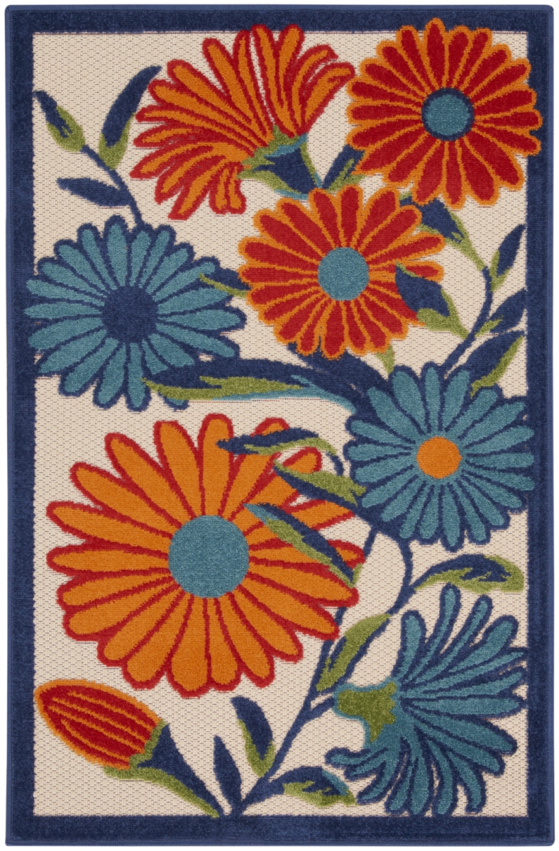3 x 4 ft. Floral Power Loom Rectangle Area Rug, Blue & Orange