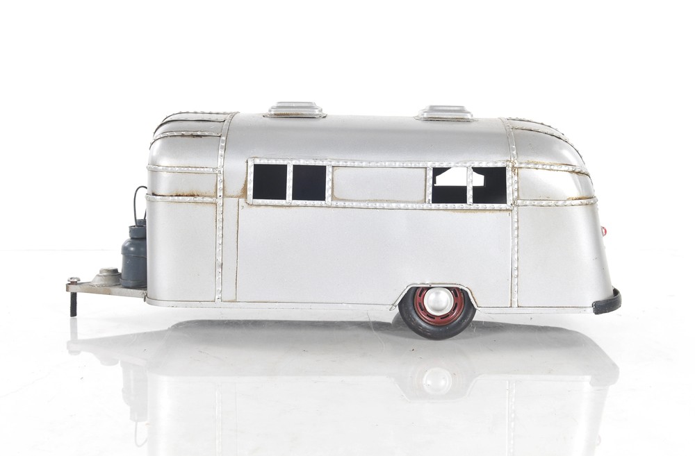 6 in. Silver Metal Silver Camping Trailer Truck Hand Painted Decorative Truck