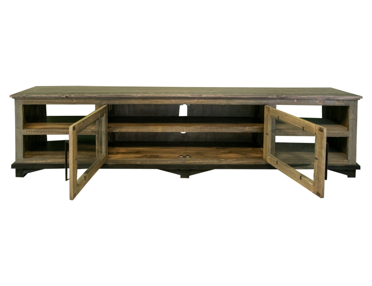 93 in. Solid Wood Cabinet Enclosed Storage Distressed TV Stand, Brown