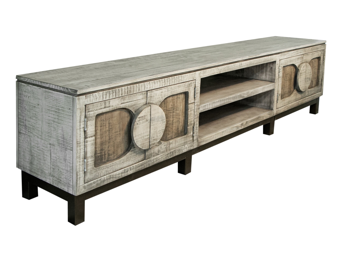 93 in. Solid Wood Cabinet Enclosed Storage Distressed TV Stand, White
