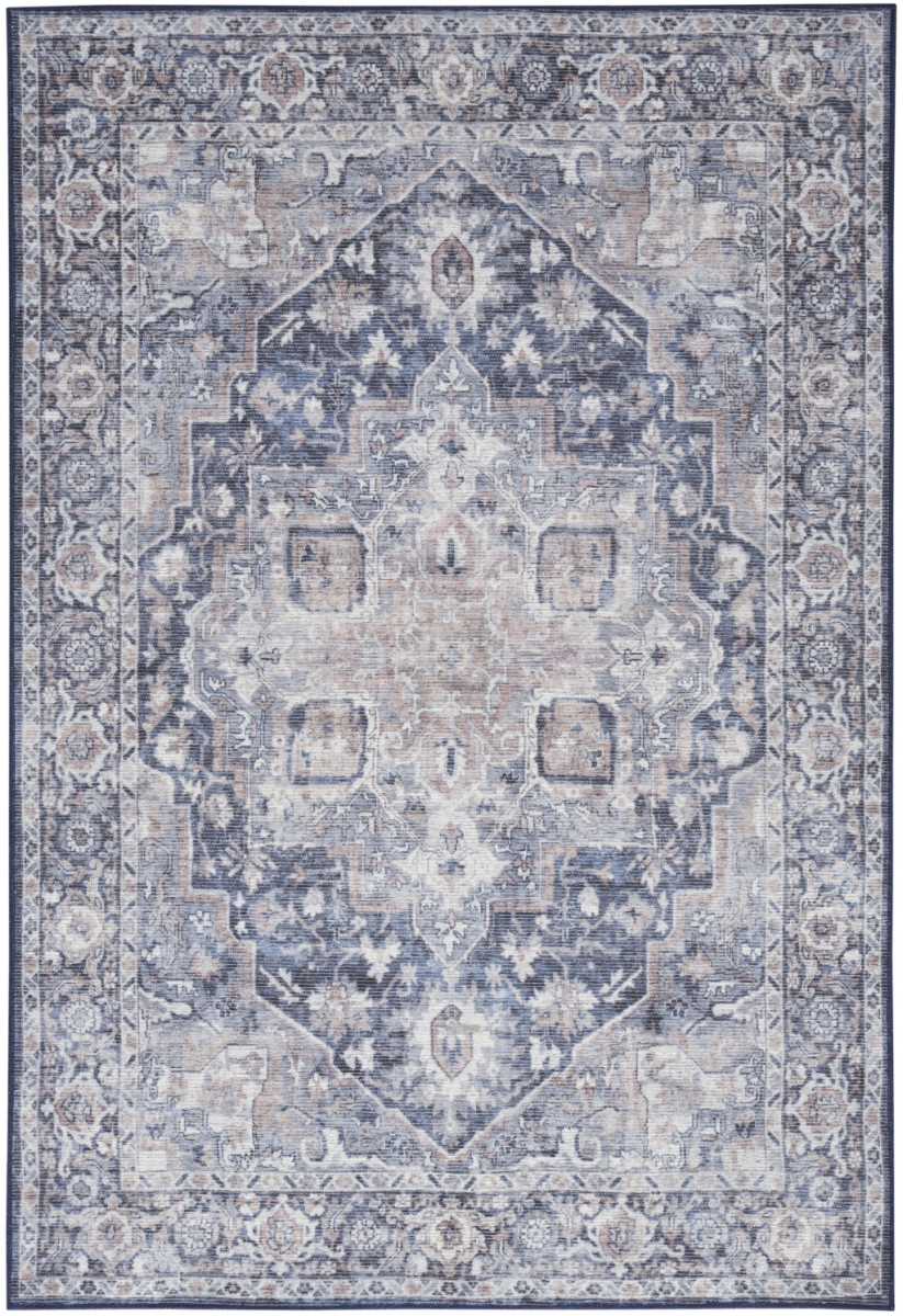 6 x 9 ft. Floral Power Loom Distressed Washable Area Rug, Blue & Pink