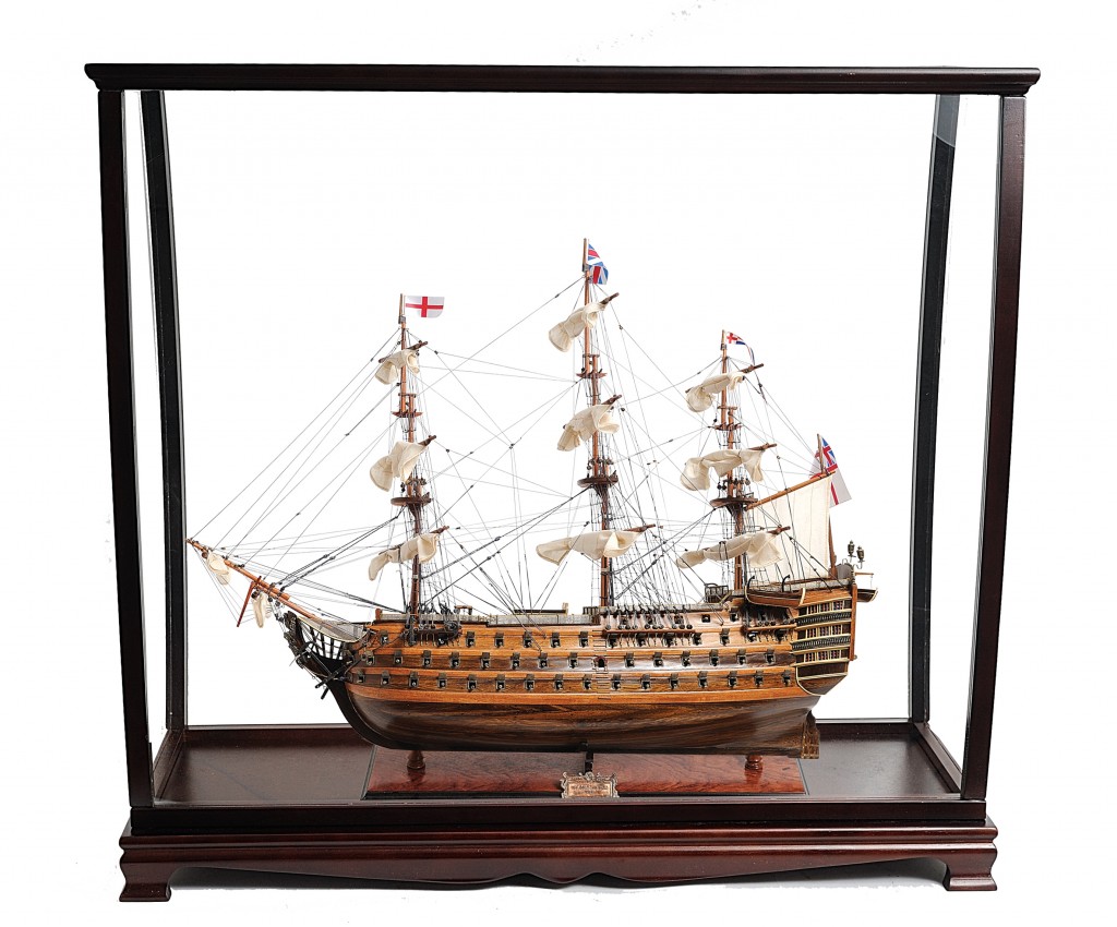 32 in. Wood HMS Victory Hand Painted Decorative Boat & Case, Brown