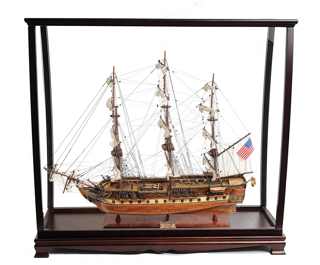32 in. Wood 1797 USS Constitution Hand Painted Decorative Boat with Case, Brown