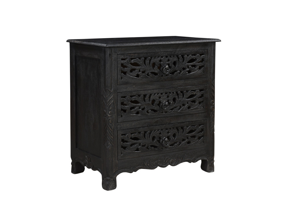 521194 30 in. Three Drawer Floral Carved Solid Wood Nightstand, Distressed Black