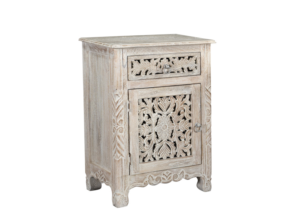 30 in. One Drawer Floral Carved Solid Wood Nightstand, Distressed White