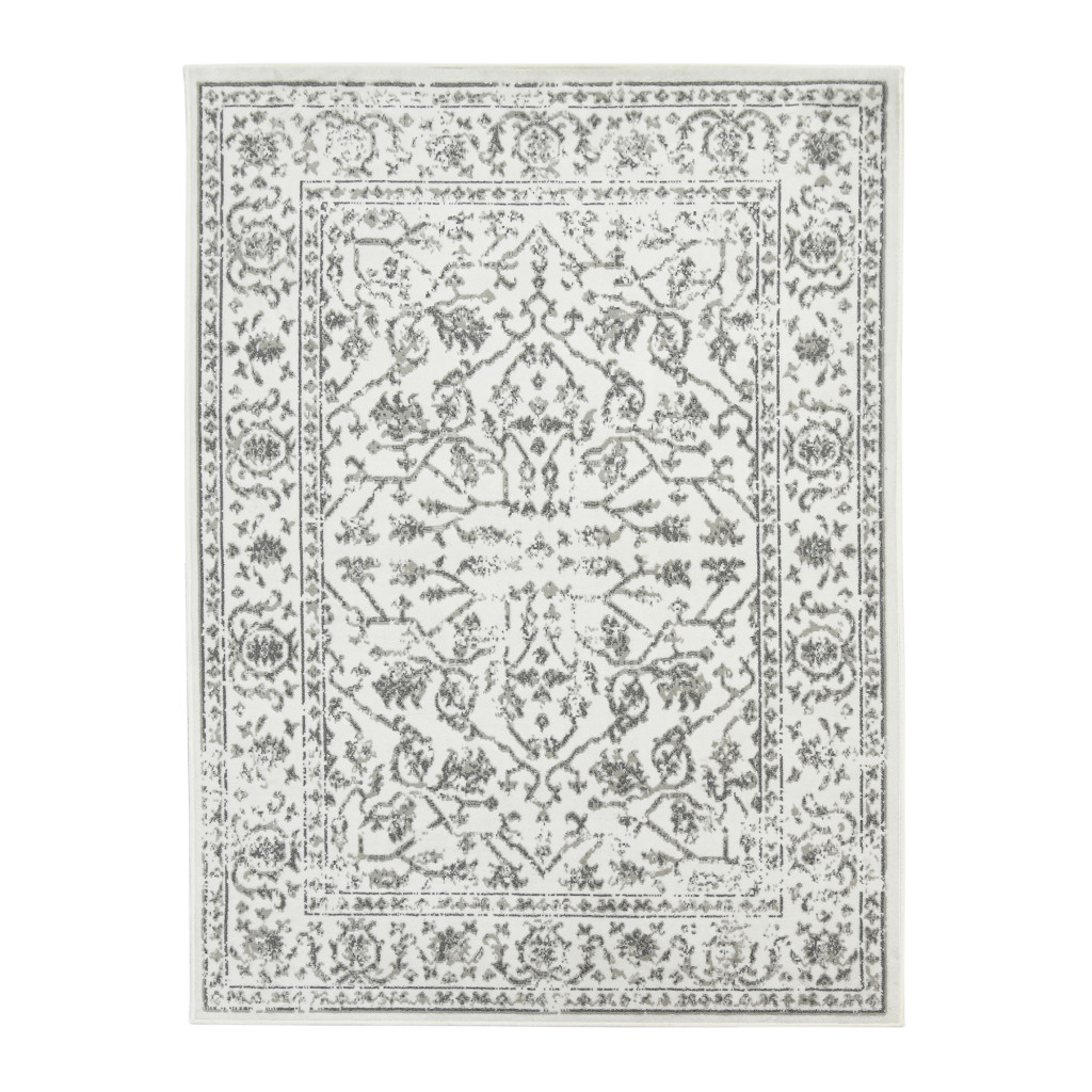 5 x 7 ft. Floral Power Loom Area Rug with Fringe, Light Gray