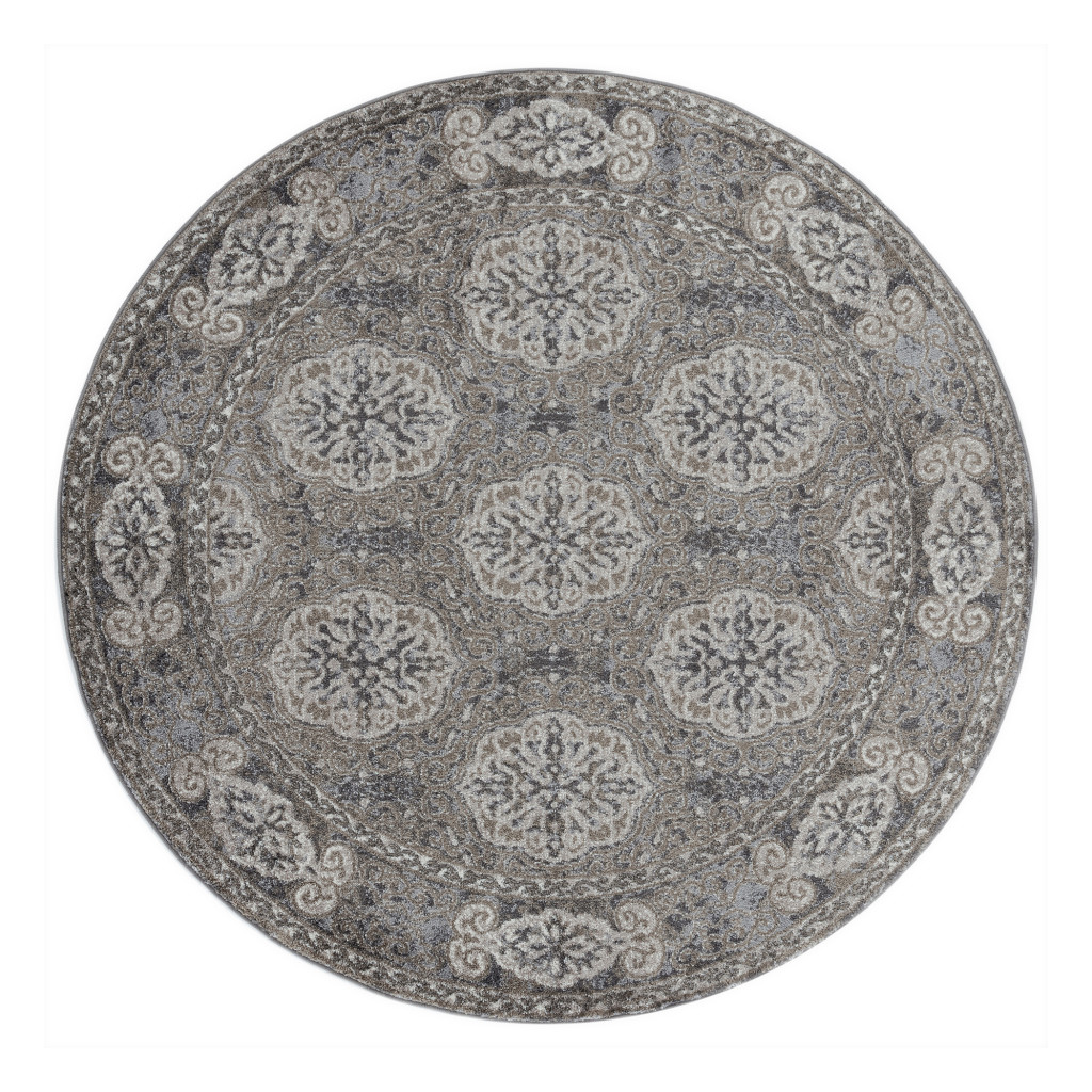 6 ft. Round Medallion Power Loom Area Rug, Brown