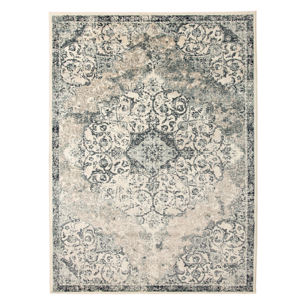 5 x 8 ft. Medallion Power Loom Rectangle Area Rug, Beige & Blue