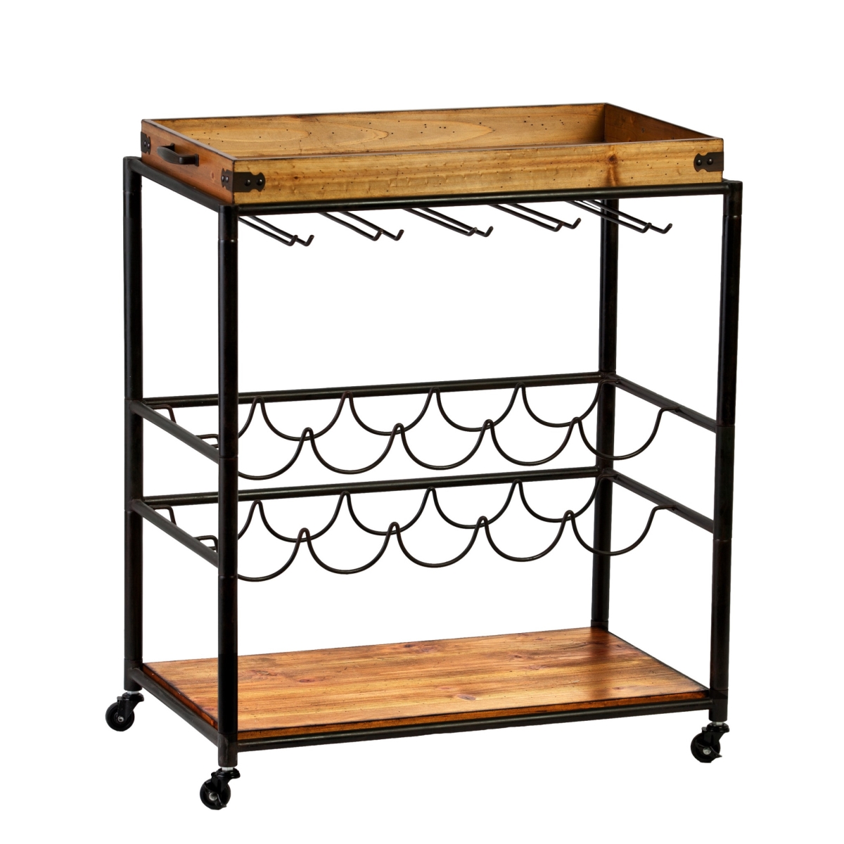 Metal Bar Cart with Wine Storage, Brown & Black