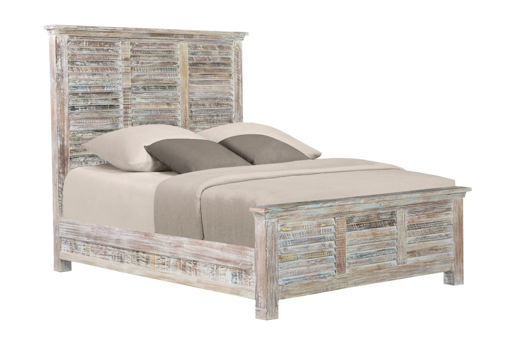 521085 Distressed Multi Shutter Style Reclaimed Wood Queen Bed - White