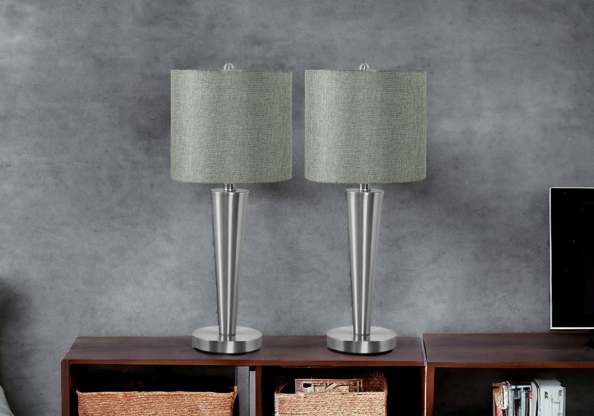 24 in. Metal Candlestick USB Table Lamps with Gray Drum Shades, Silver - Set of 2