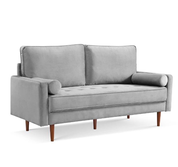 69 in. Velvet Sofa with Toss Pillows, Gray & Dark Brown